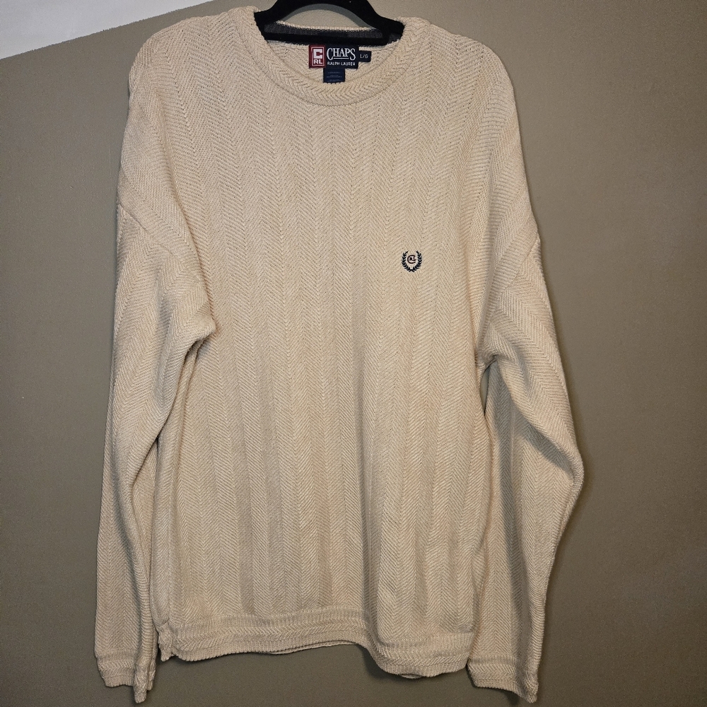 Vintage Chaps Ralph Lauren Cream Hand Framed Sweater Size Large Y2K Herringbone